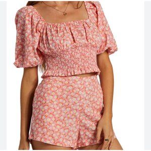 Billabong Only You Y2K 2 pc Crop Top Shorts Pink Floral Size Large Shorts Small